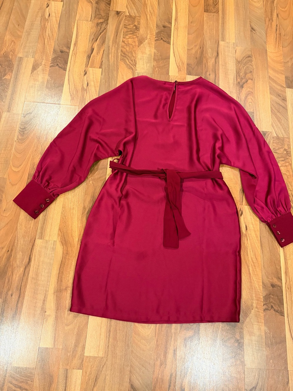 Crewneck Long-Sleeve Mini Dress in Magenta with Belt - Picture 4 of 12
